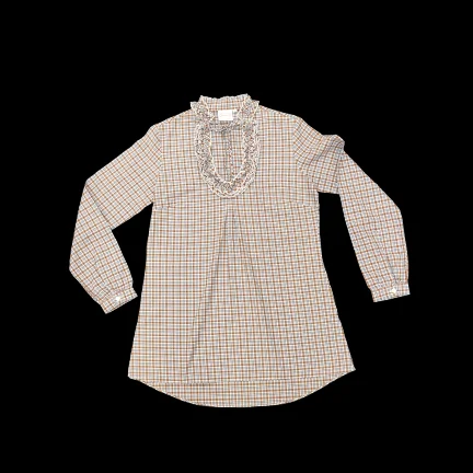 Brown Check Ruffled round neck Long sleeve Ladies Dress