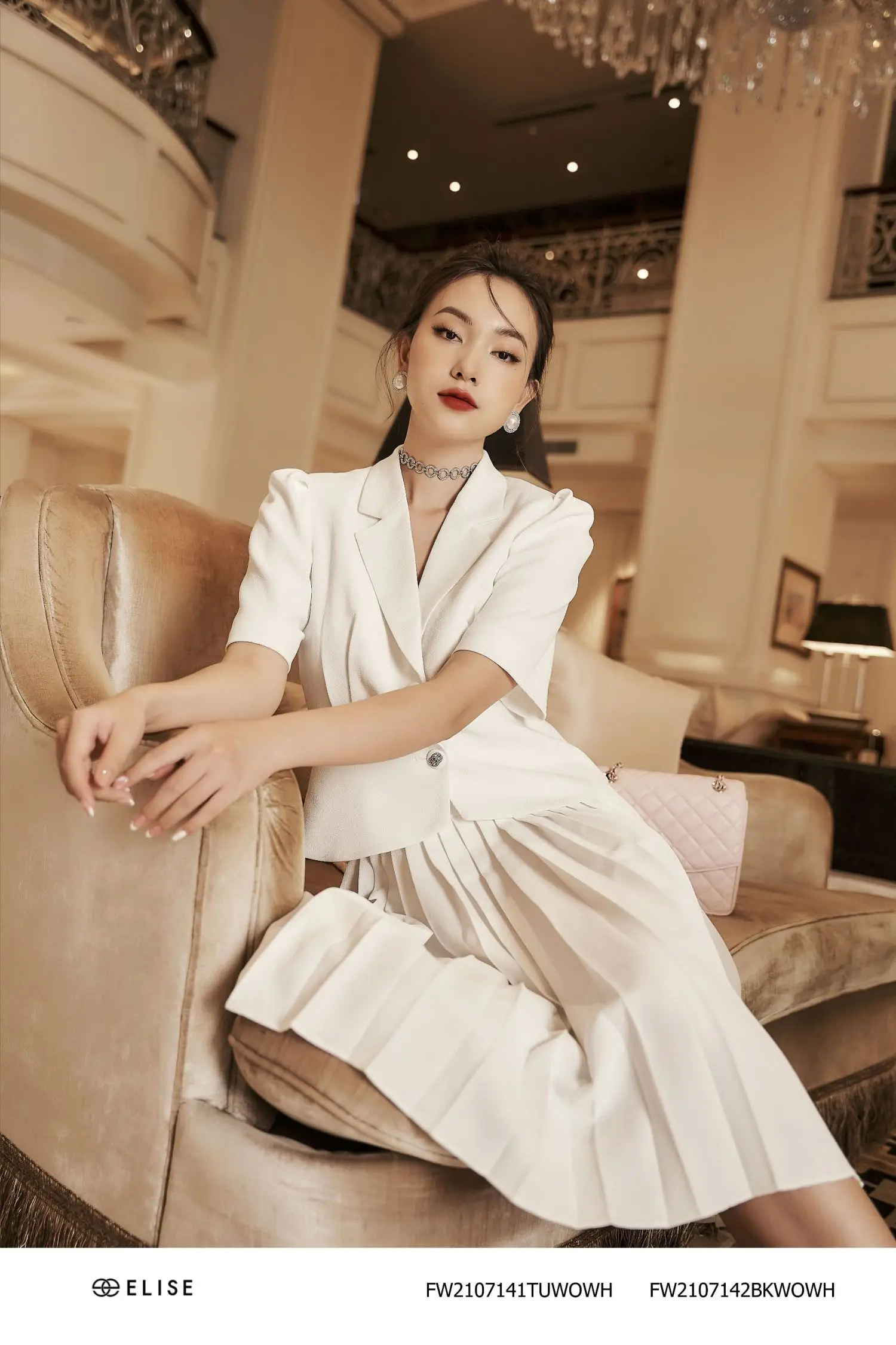 Trending Autumn and Spring  Pleated V Line  Long  White Skirt Lady Office Dresses