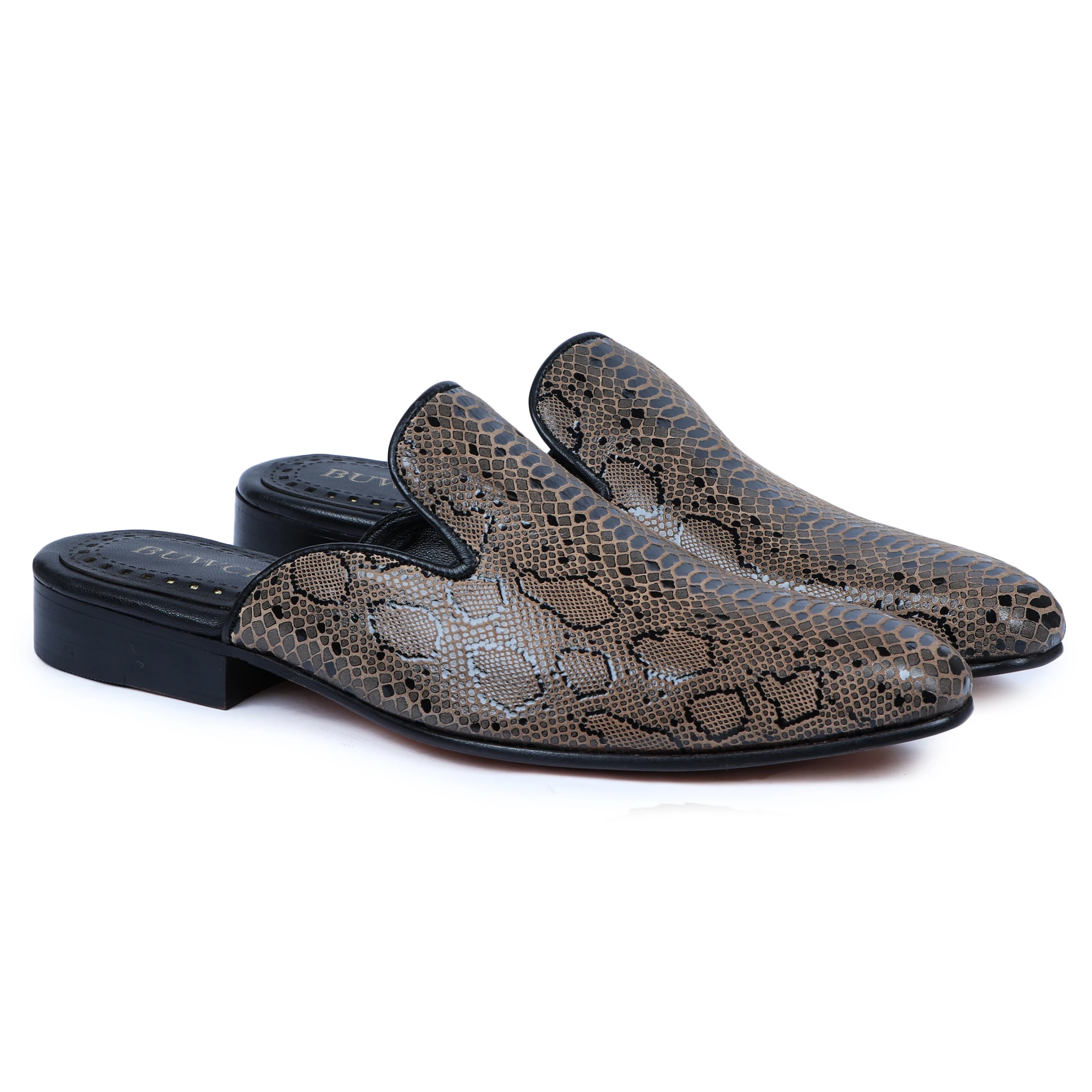  Оптовая продажа по лучшей цене 100% натуральная кожа тисненый питон мужские туфли-мюли для вечеринки свадьбы коричневого и черного цвета