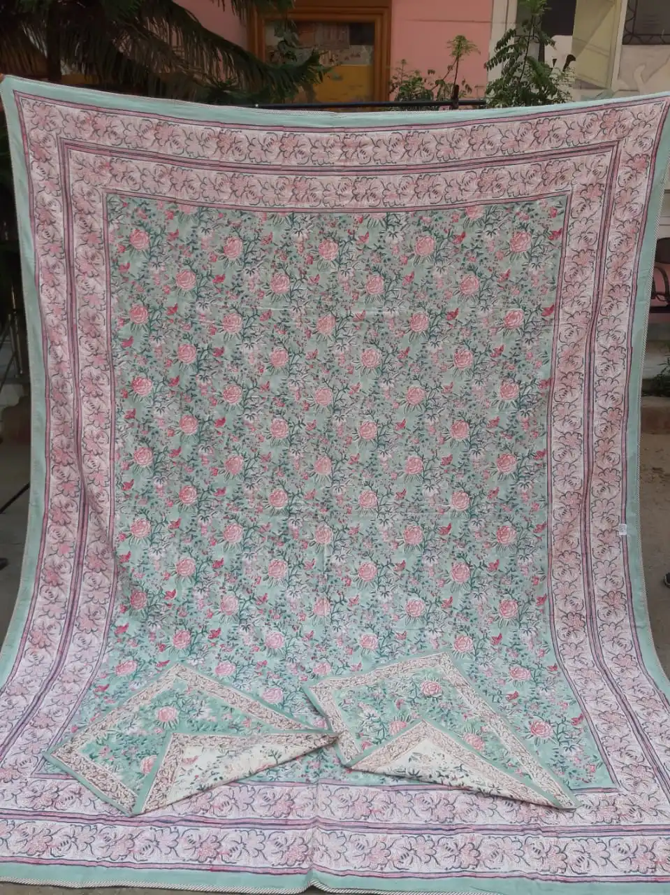 Hand Block Printed Breathable Cotton Fabric Queen Quilt With Two Pillow Cover, Floral Printed Quilt, Blanket, Dohar