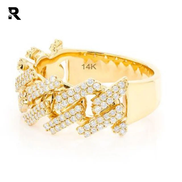 0.75ctw Jagged Edge Cuban Ring In 14K White Rose Yellow Gold Cuban Link Ring With Diamonds