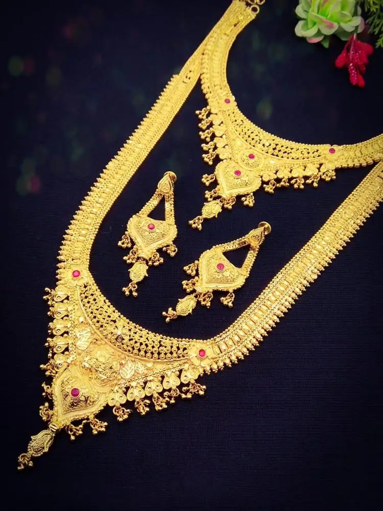 1 GRAM  GOLD FORMING WORK LONG HARM GOLDEN COLOR DUAL NECKLACE SET