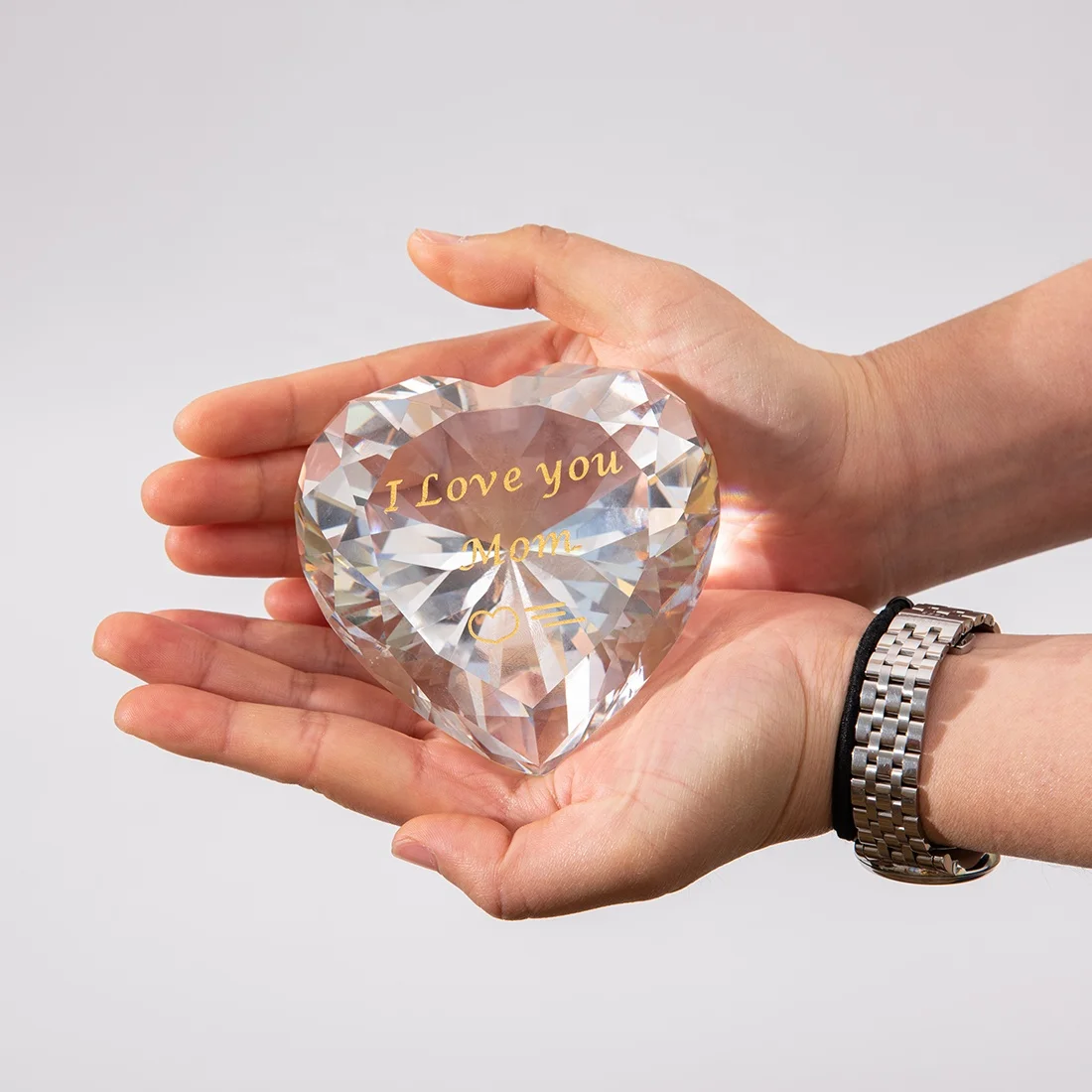 90mm rainbow crystal glass diamond heart with custom engrave wedding ornament home decor
