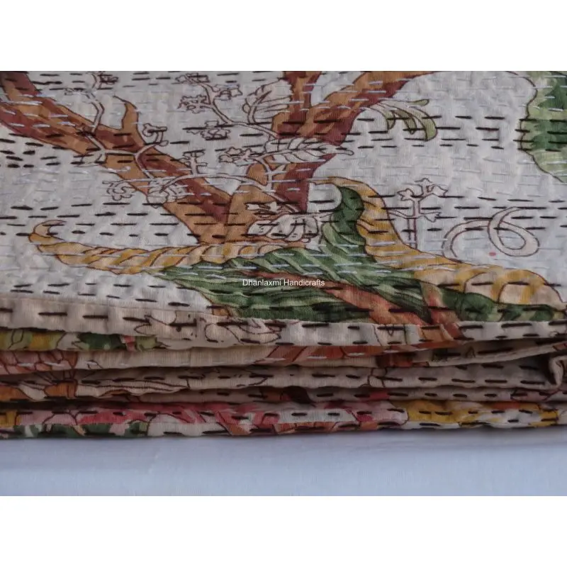 Роскошное постельное белье домашний декор бежевый индийский цветочный принт ручной работы Хлопковое одеяло Kantha красивое цветочное покрывало оптом
