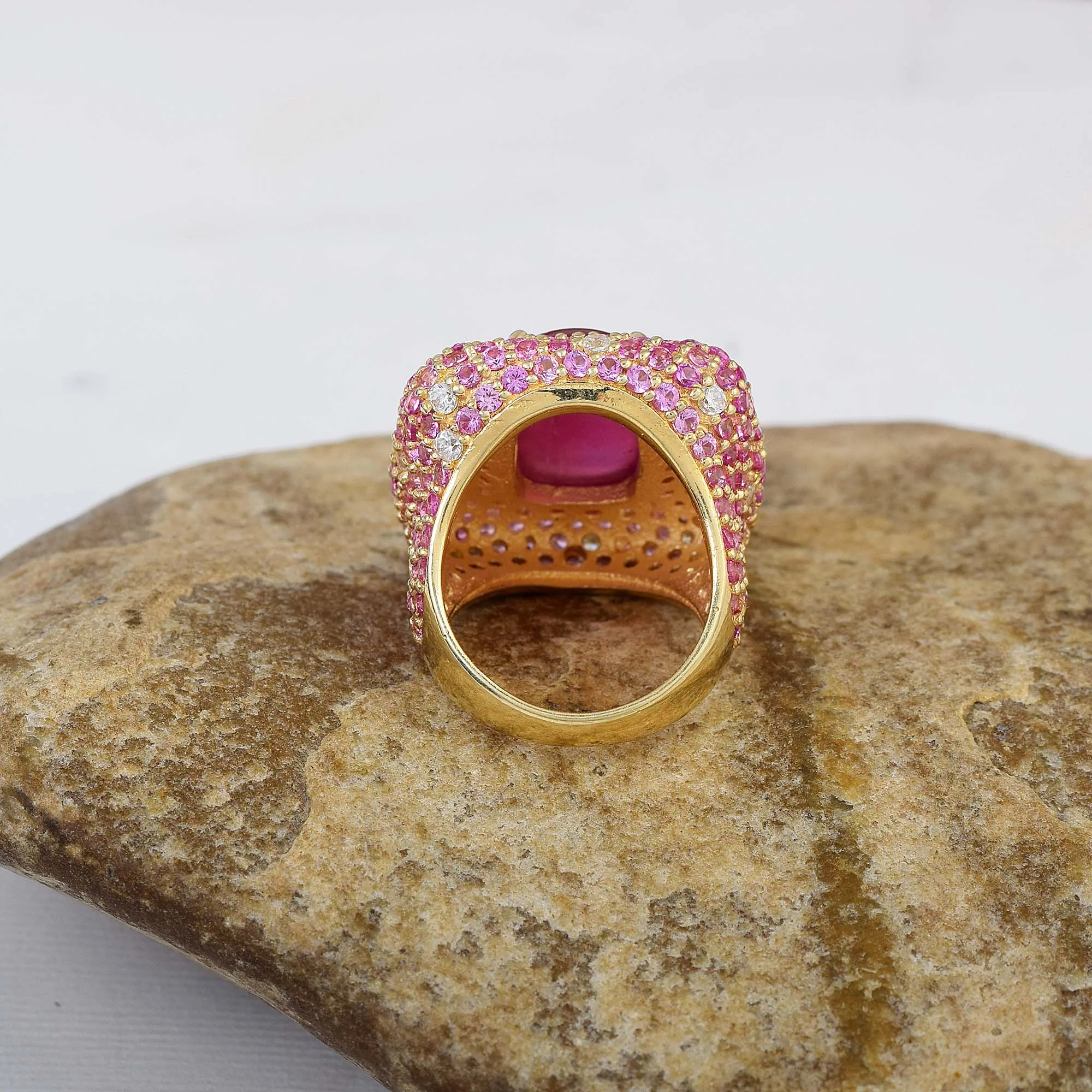 Natural Ruby Pink Sapphire Gemstone Cocktail Band Ring Cubic Zircon 925 Sterling Silver Gold Plated Jewelry for Women