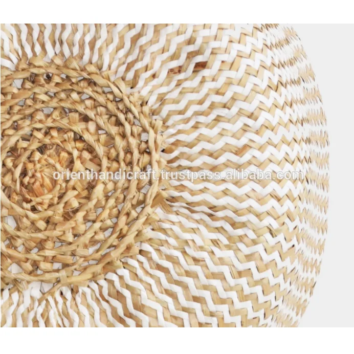 TASMANIA High Quality Seagrass Storage Belly Basket Vietnam Handmade (Natural & White Zigzag)