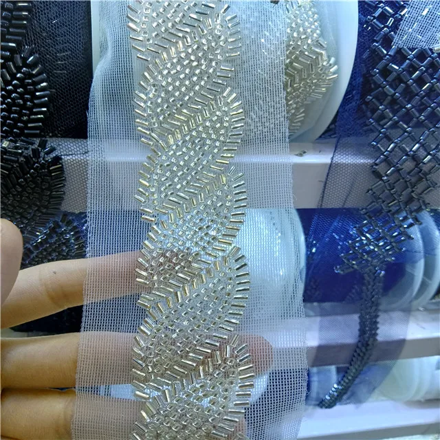 Exquisite garment dress bugle bead rhinestone lace tape trimming,handmade heavy beading lace ribbon tape