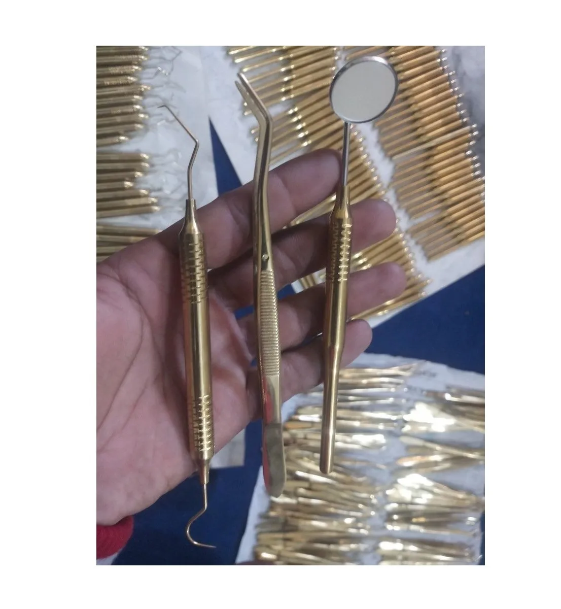 dental examination kit 3 pcs golden plasma coated hygiene tweezer hollow handle mirror hollow handle explorer