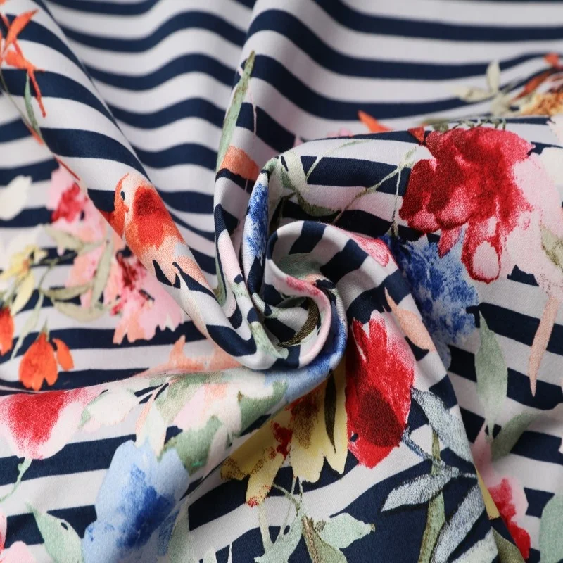 
Stripe Floral Printed Cotton Satin Power Stretch 96.5%Cotton 3.5%Spandex Fabric 