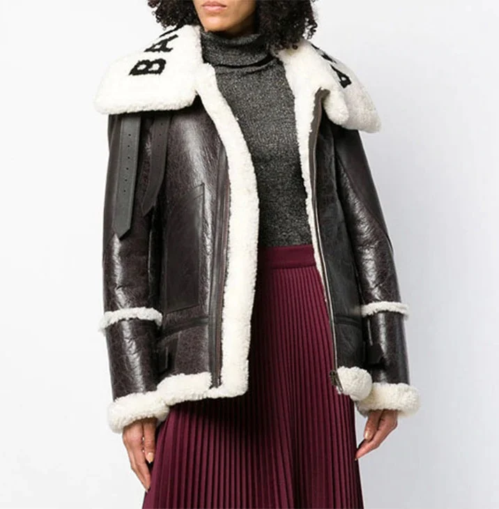 2019 Winter New women fur Bomber Real leather jacket sheepskin Double face Shearling Coat Oversized Genuine Leather jacket