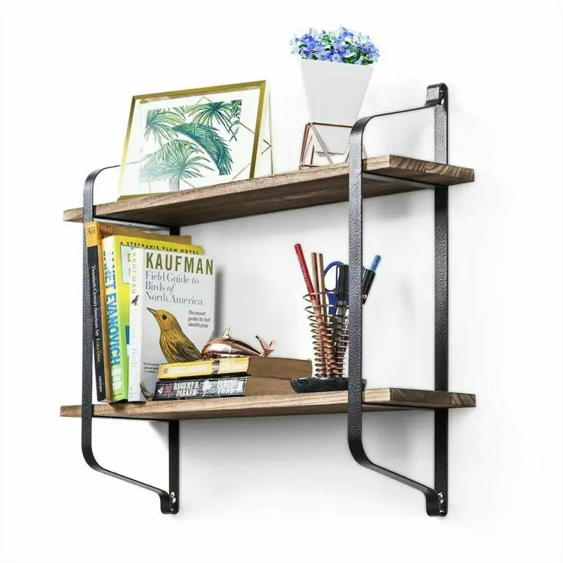Wooden 3 Tier Wall Mounted Shelf Black Iron Natural Pine Carbonized Farmhouse Shelf for Bathroom Kitchen Wholesale Price India
