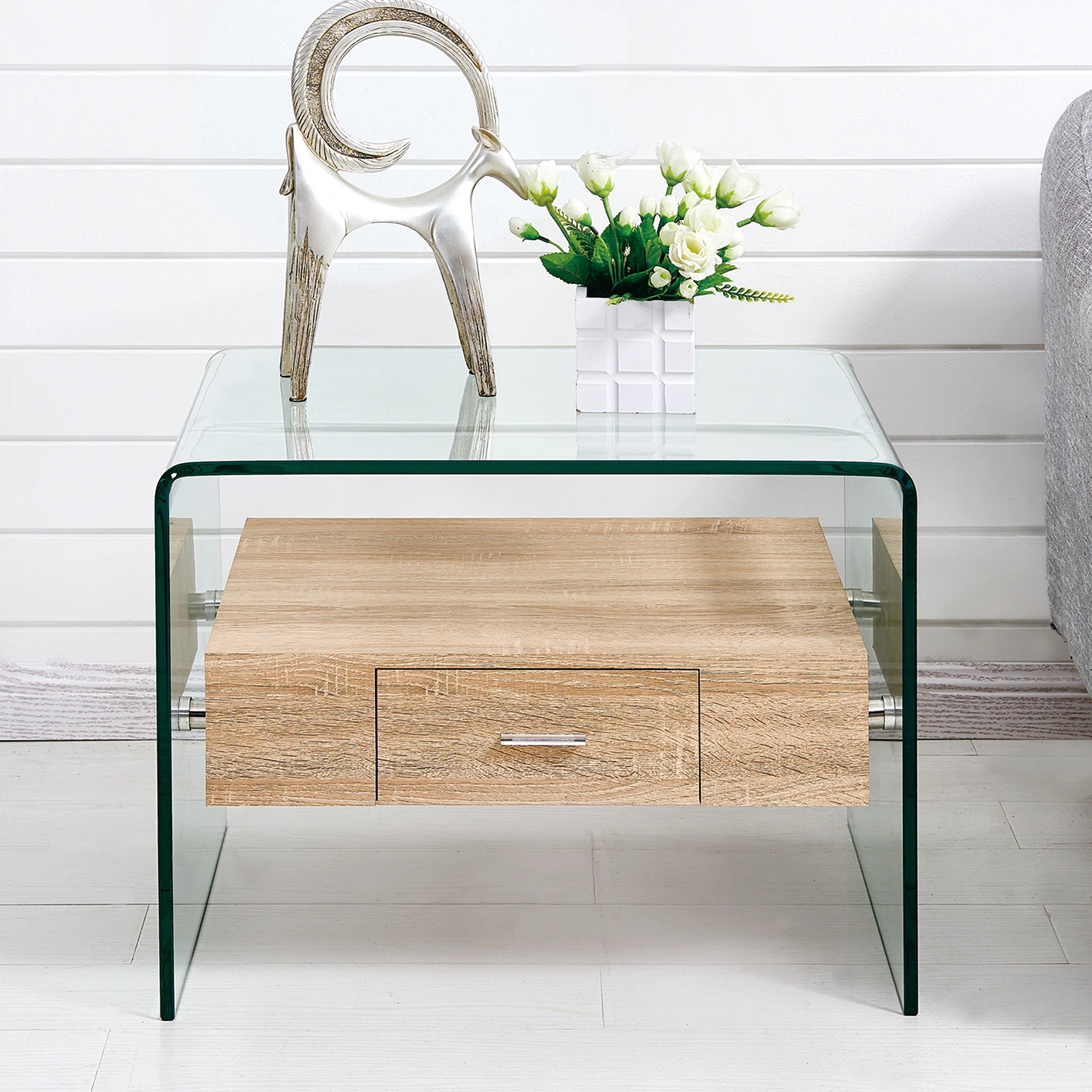 Tempered Glass Wooden Storage Bed Side Table Modern