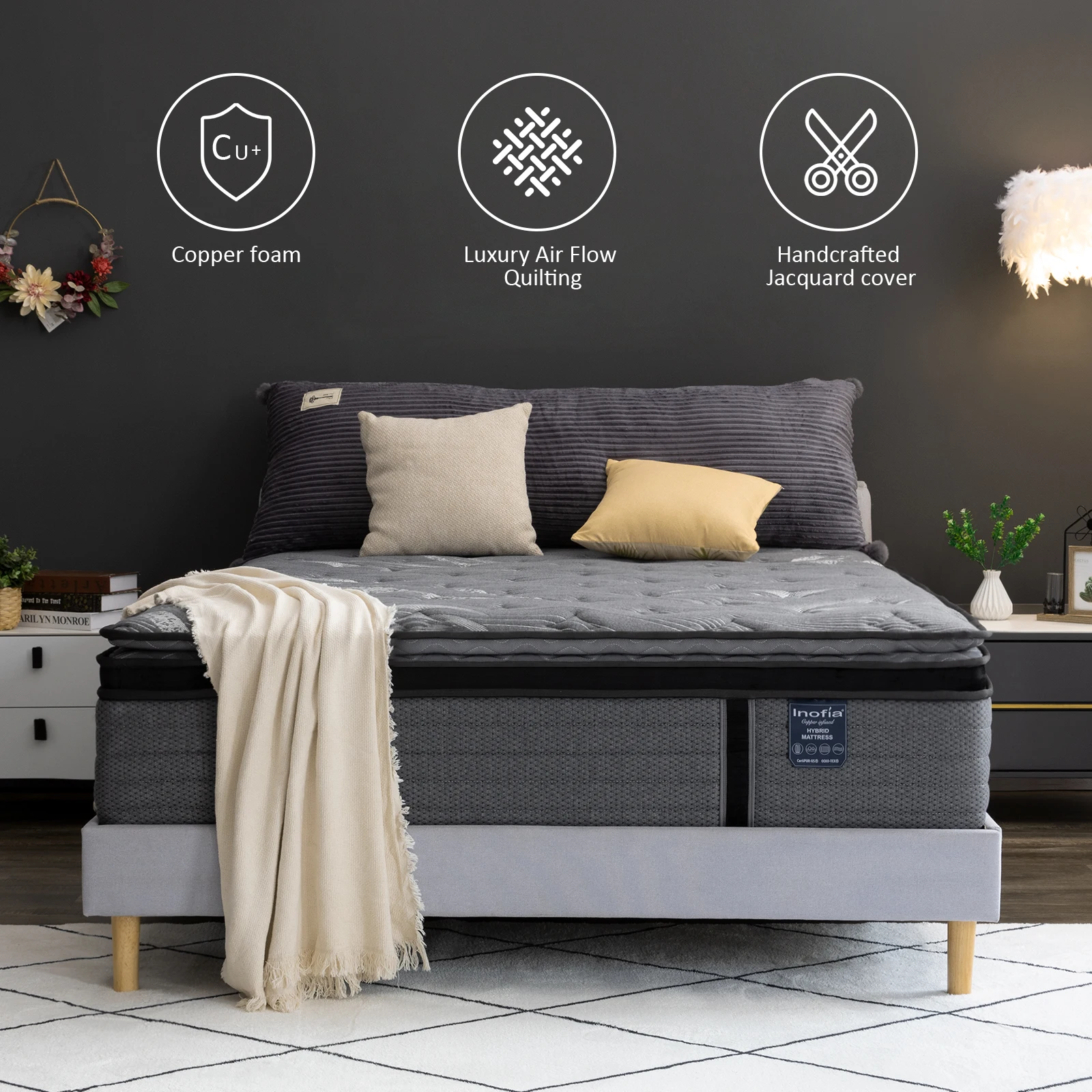 38cm striped grey Plush Organic Wool Latex Mini Pocket Spring Foam Encasement Mattress