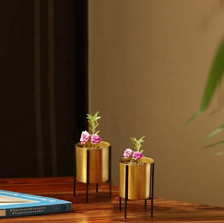 Горшок из оцинкованного железа золотого цвета с подставкой креативный прочный металлический барабан декоративные цветочные горшки и