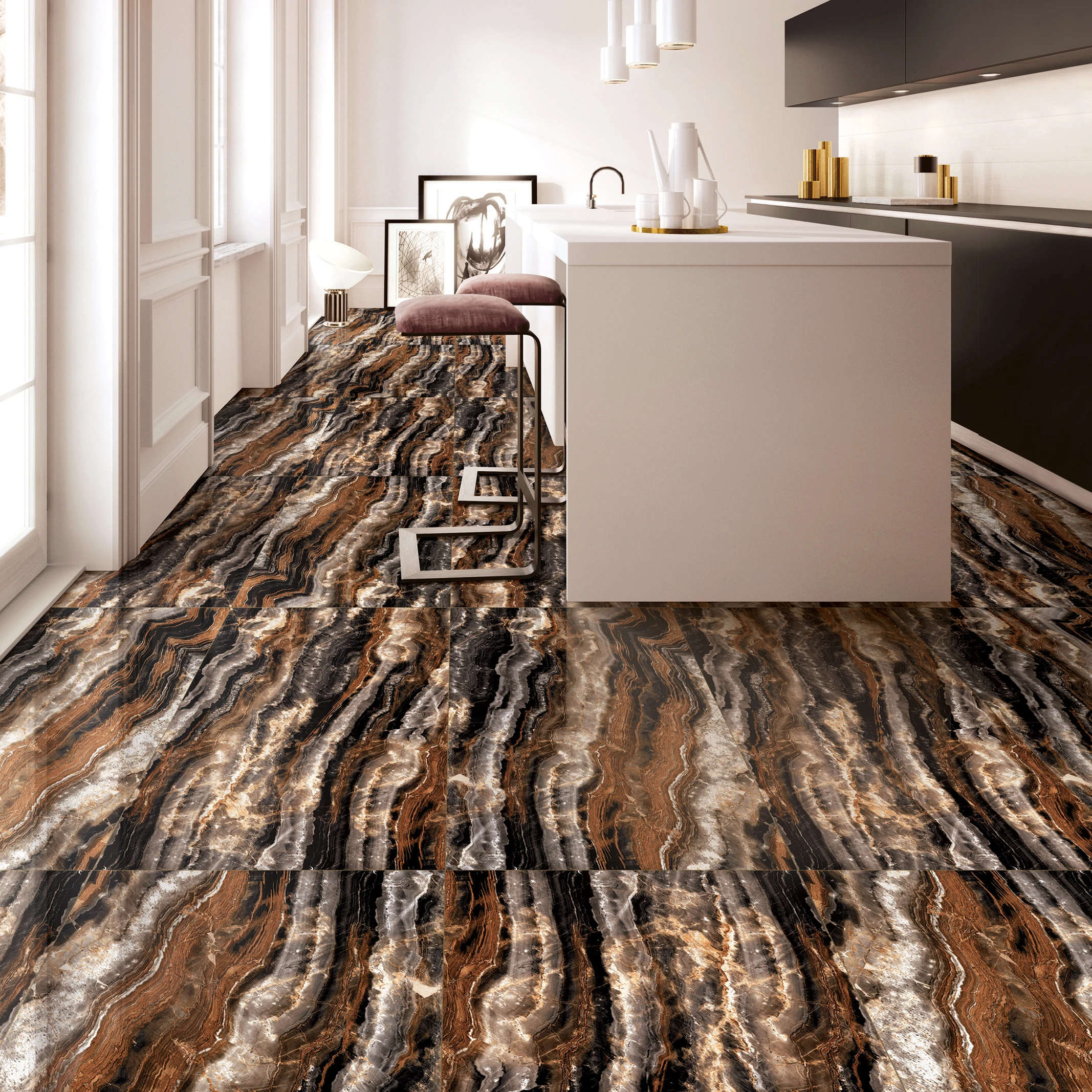 Фантазийный коричневый мрамор с глянцевой поверхностью на фарфоровой глазурованной плитки, выпрямленная плитка для стен и пола 600x1200 мм