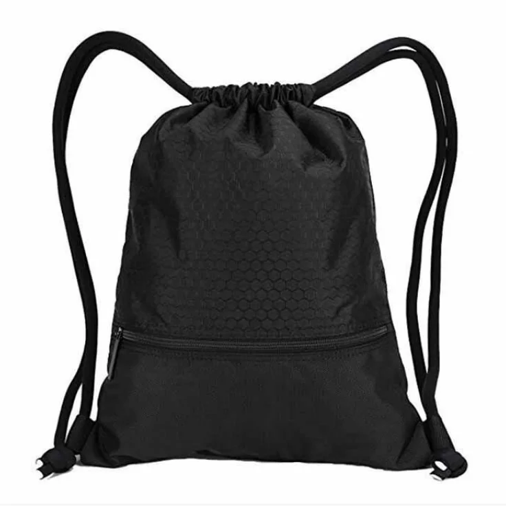 Custom print logo 600D polyester gym string backpack nylon drawstring bag large with front zipper pocket