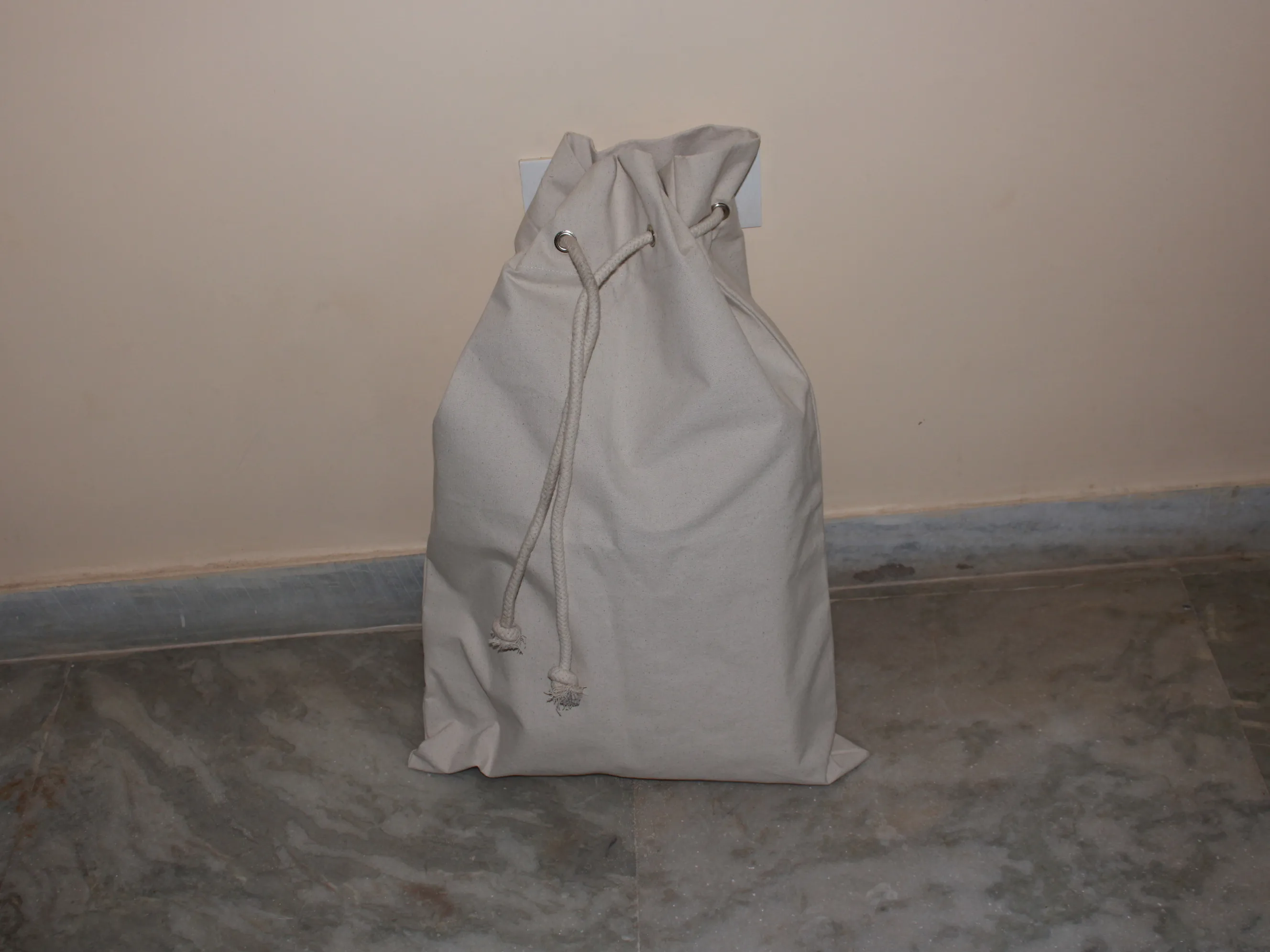 Santa sack cream drawstring pouch made of Indian canvas