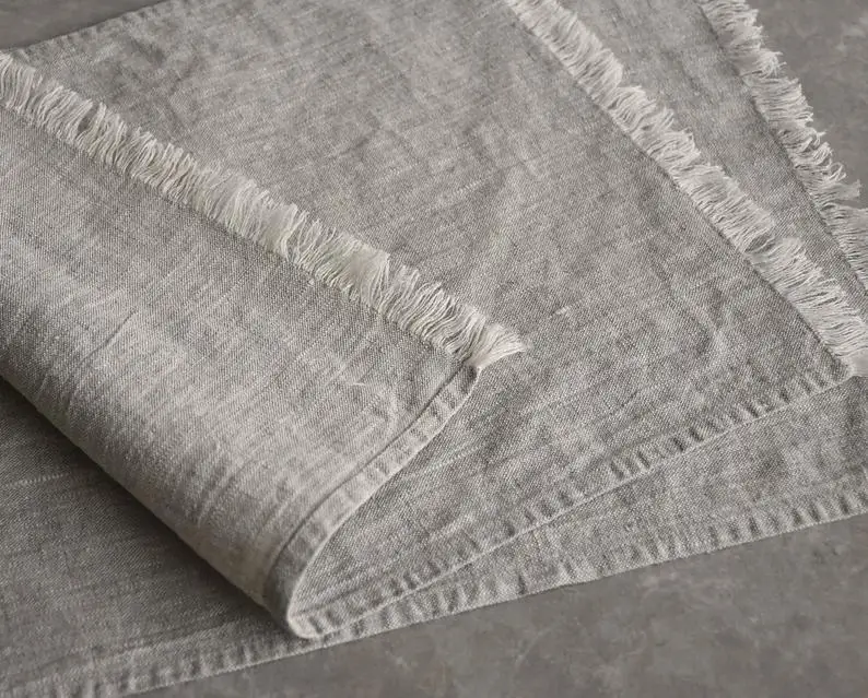 100%Pure Linen Fringes Placemats Natural 14 x 19 Inch  Fabric Handcrafted Machine Washable