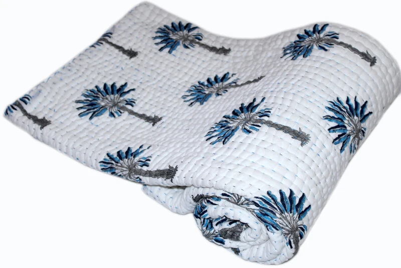 Hand Block Luxury Collection Of Blue Palm Tree Printed Kantha Quilt 3 Layered Queen Size Quilted Wholesale