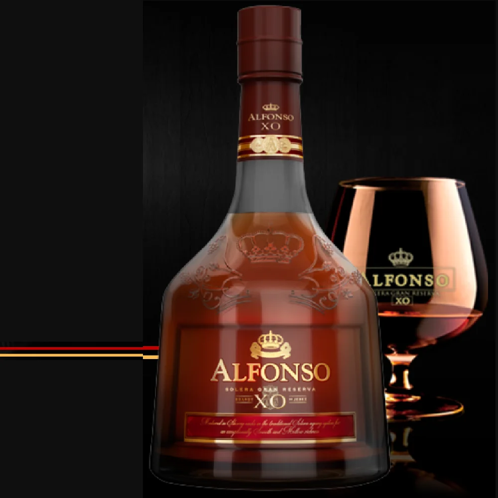 Popular Alcoholic Beverage from Jerez Spain Alfonso XO Brandy in 40% Volume Aged in American Oak Cask in Vanilla Notes