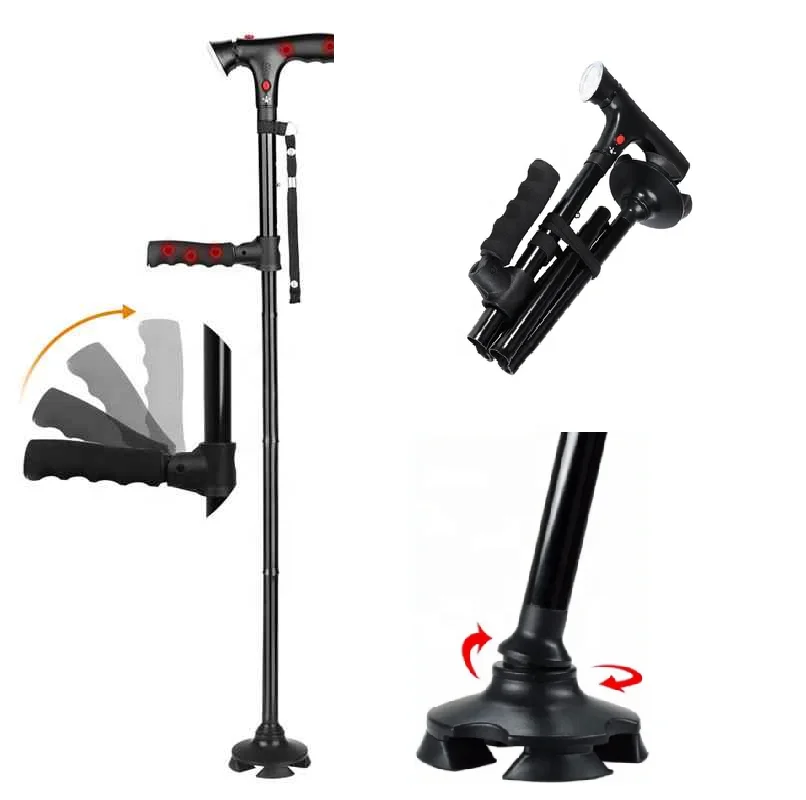 
New Multi-Functional Aluminum Lightweight Foldable Elder Walking Stick Cane with LED Large Tips Elder Equipment 