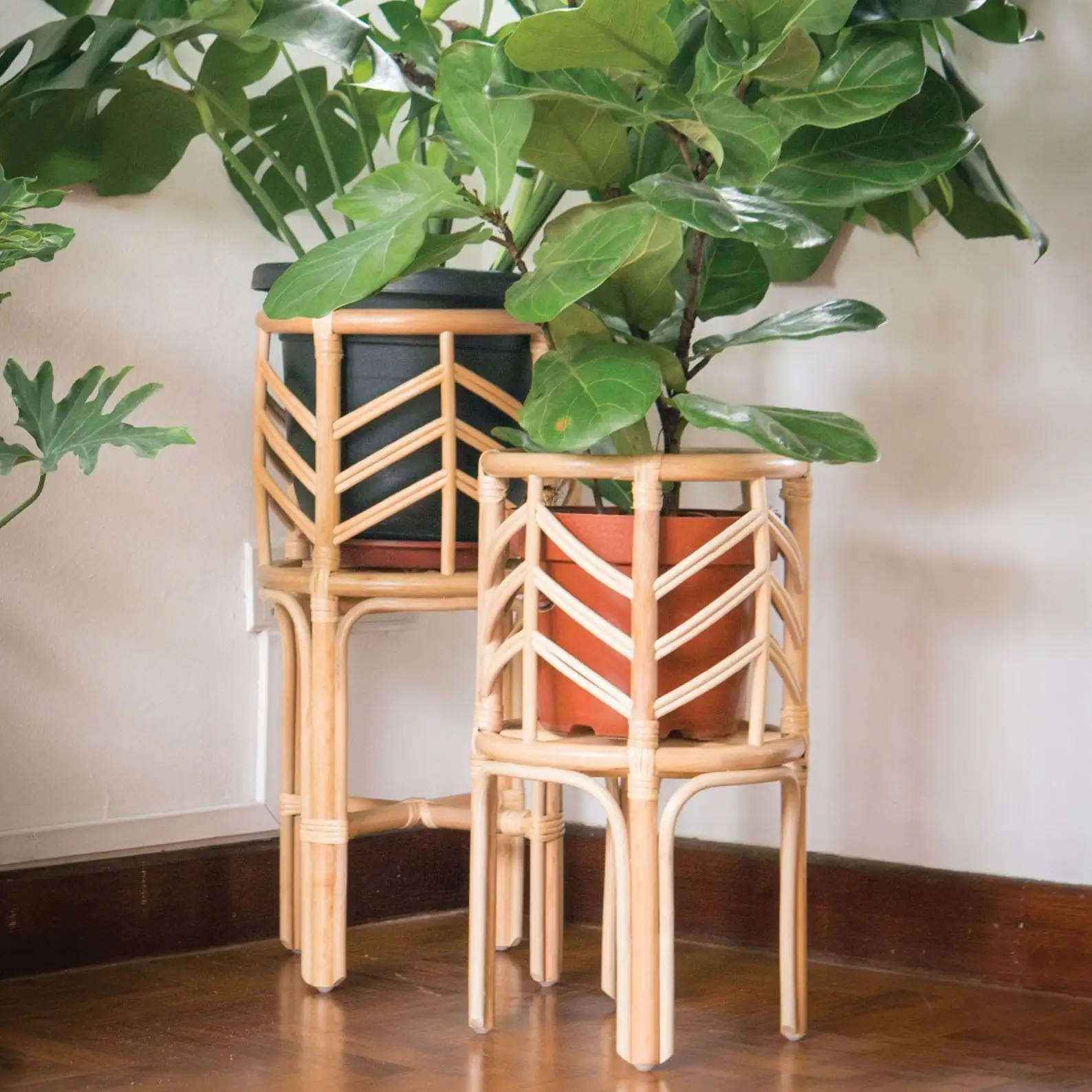 Round cylinder handmade 2 tiers rattan wholesale plant pots sustainable rattan pots for plants large