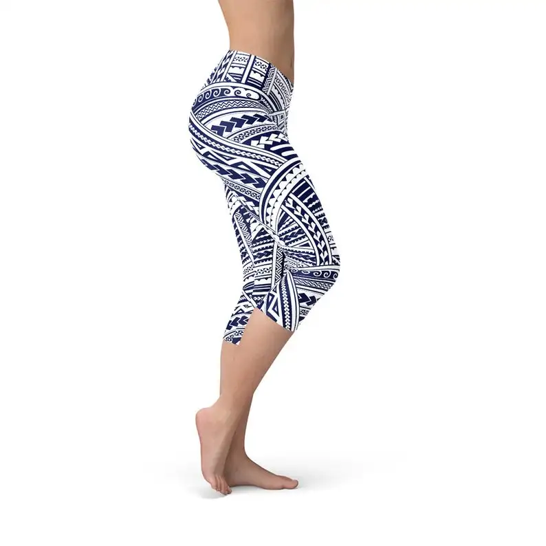
HOT SELLING Maori Tattoo Capri Leggings - White Capris with Tribal Polynesian Tattoo Print Perfect For Running Tights 