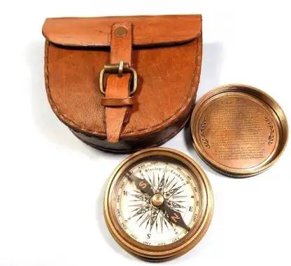 Antiqued Brass Poem Hiking Compass with Leather Case Collectible Usable Decorative