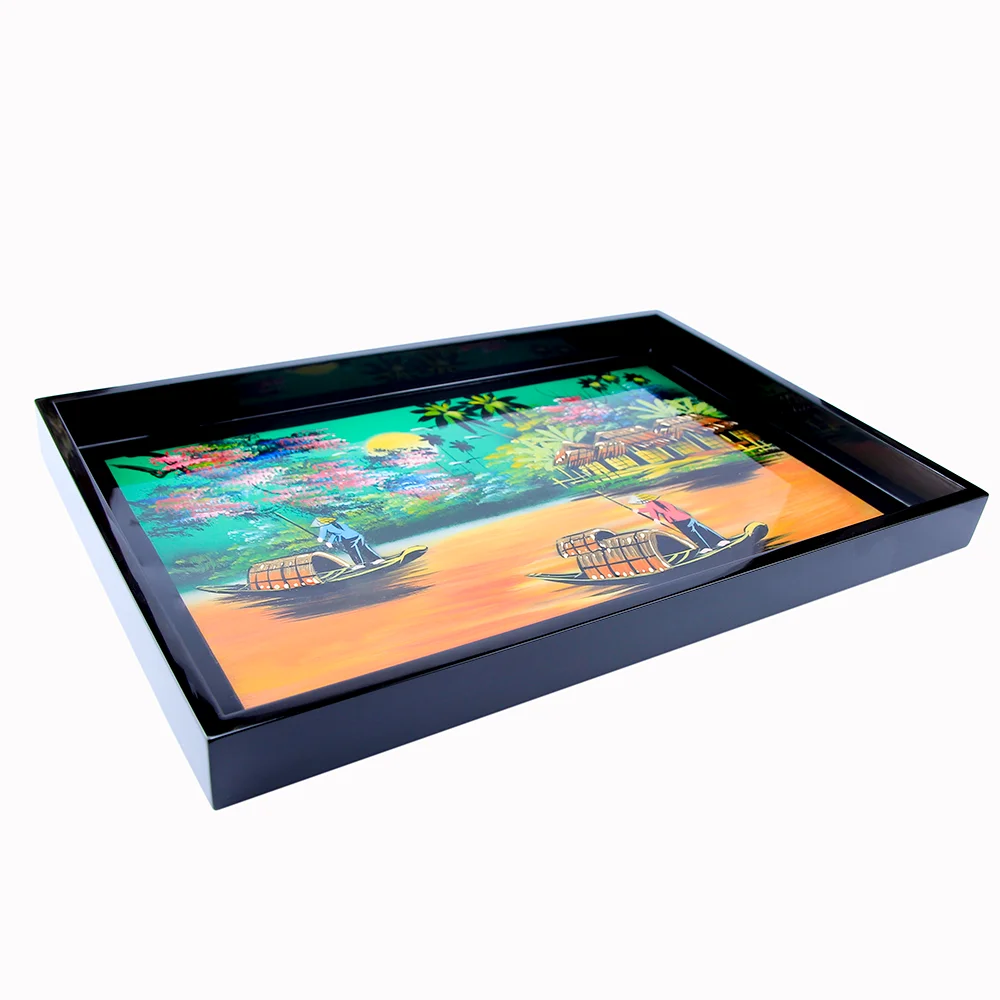 
Top Selling Rectangular Non-Slip Serving Trays Eating Storing Wooden Tray Breakfast Natural Durable Lacquer Tray 