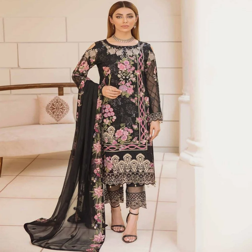 Пакистанские фирменные платья Курти шальвар для вечеринок и фестивалей ИД на шифоновой ткани костюмы из 3 частей