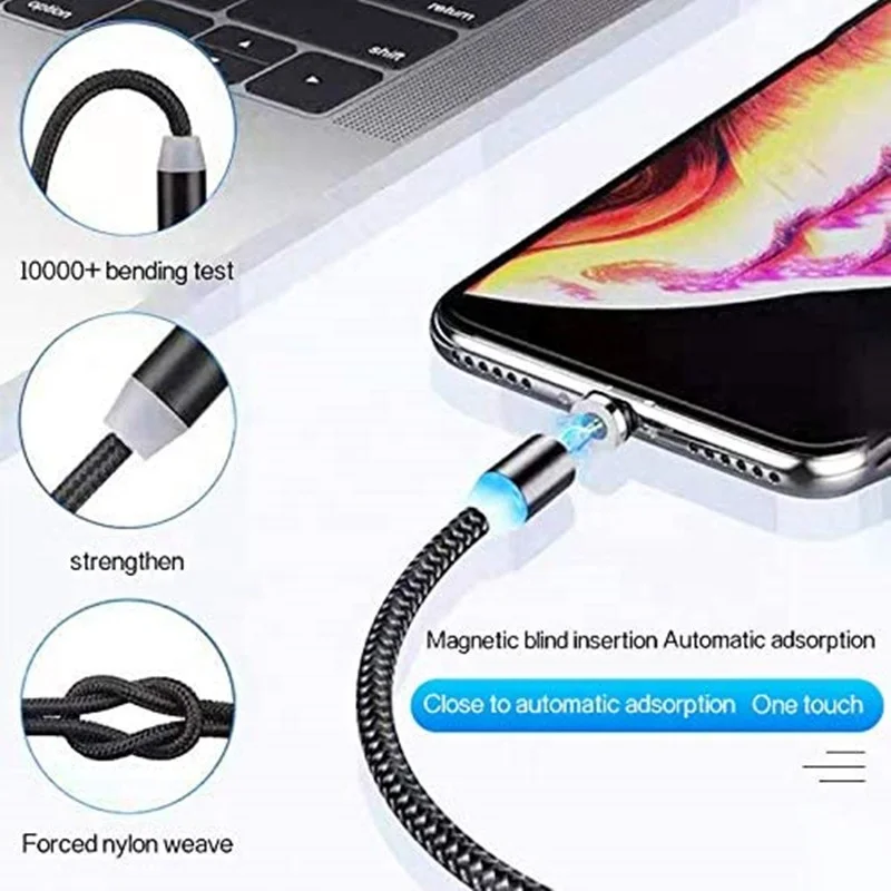  Umigi быстрой зарядки USB кабель с нейлоновой оплеткой 360 Вращающийся синий свет 3 в 1 Магнитный usb-кабель для передачи данных адаптер объектива камер Micro Lightning Type