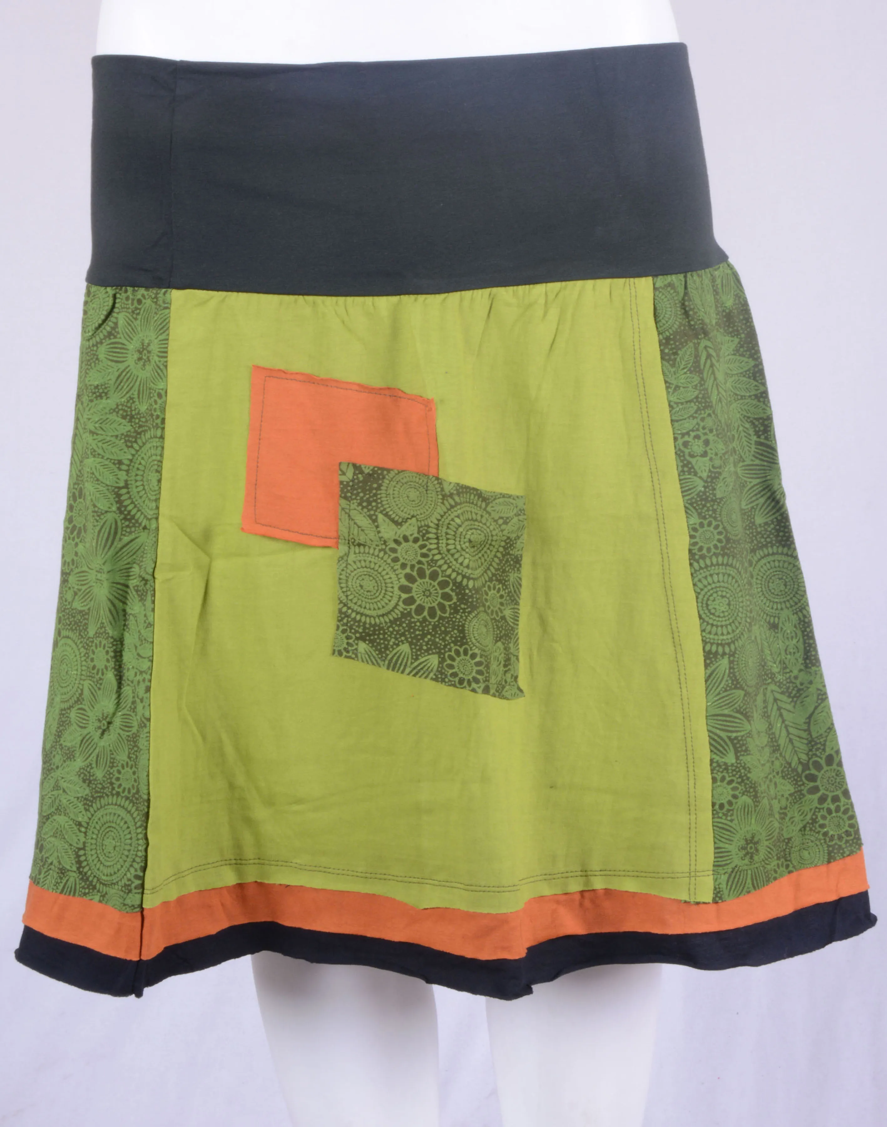 Avocado Green With Fur Green Plant Prints Cotton Patchwork Mini Skirt HHCS 109 J