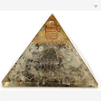 Rainbow Moonstone Orgonite Pyramid - Hamsa Hand, Hamsa Charm | EMF Orgone Pyramid, Organite Pyramid (Orgone Generator Crystal)