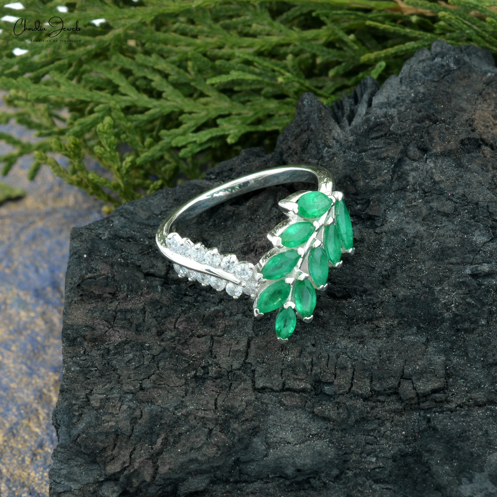 High Quality Emerald Zircon Rhodium Plated Bypass Leaf Ring 925 Sterling Silver Rings for Women Fashion Jewels