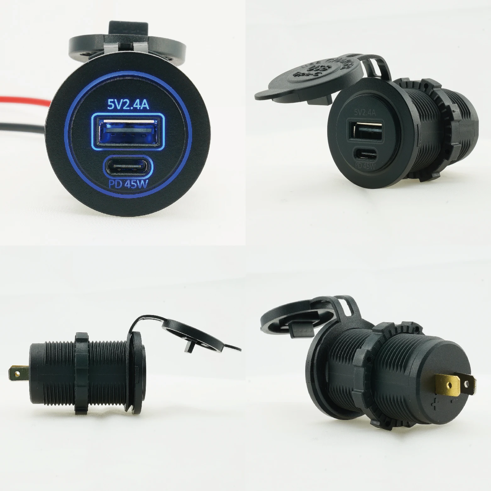 DIY PD 12v dual usb socket charger bus car port adapter power outlet marine rv lighter waterproof 1A1C