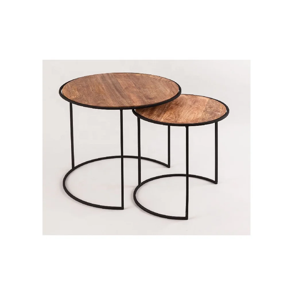 Factory Price Nested Set of 2 Wooden Top Metal Table Low Coffee Table Tea Living Room Table Manufacturer Wholesaler