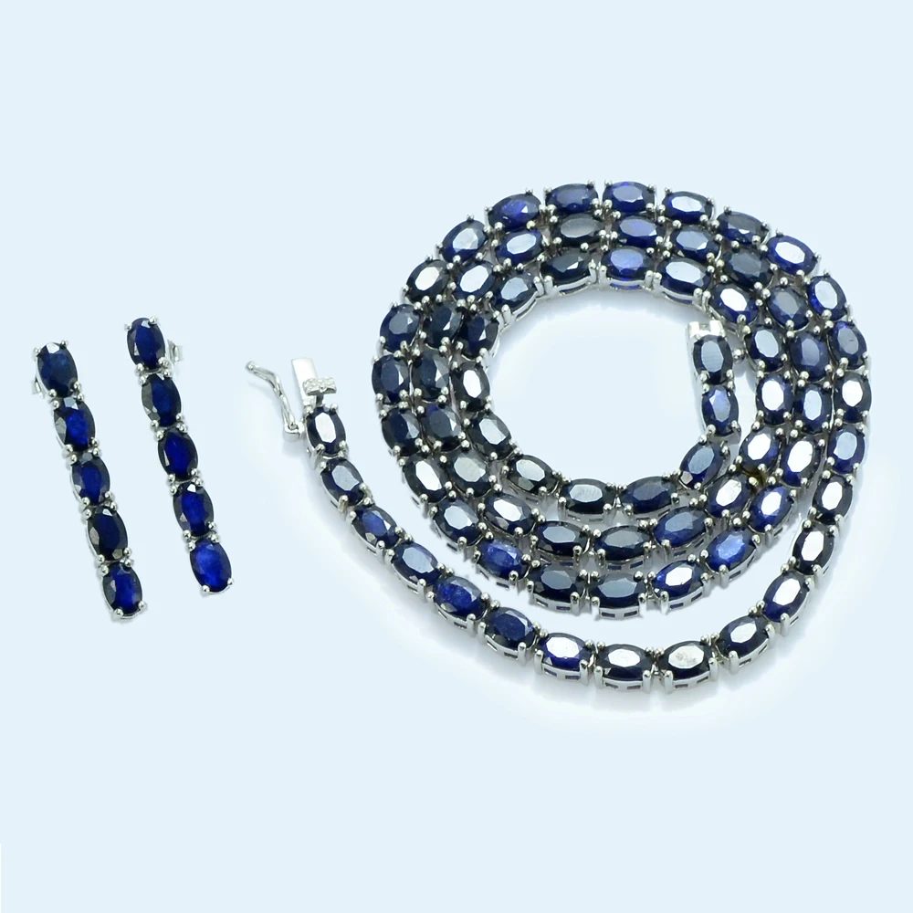 New Exclusive Sapphire 6x4 MM Natural Gemstone 925 Solid Silver For Women Handmade Necklace Earring Set By Jaipur Wholesaler