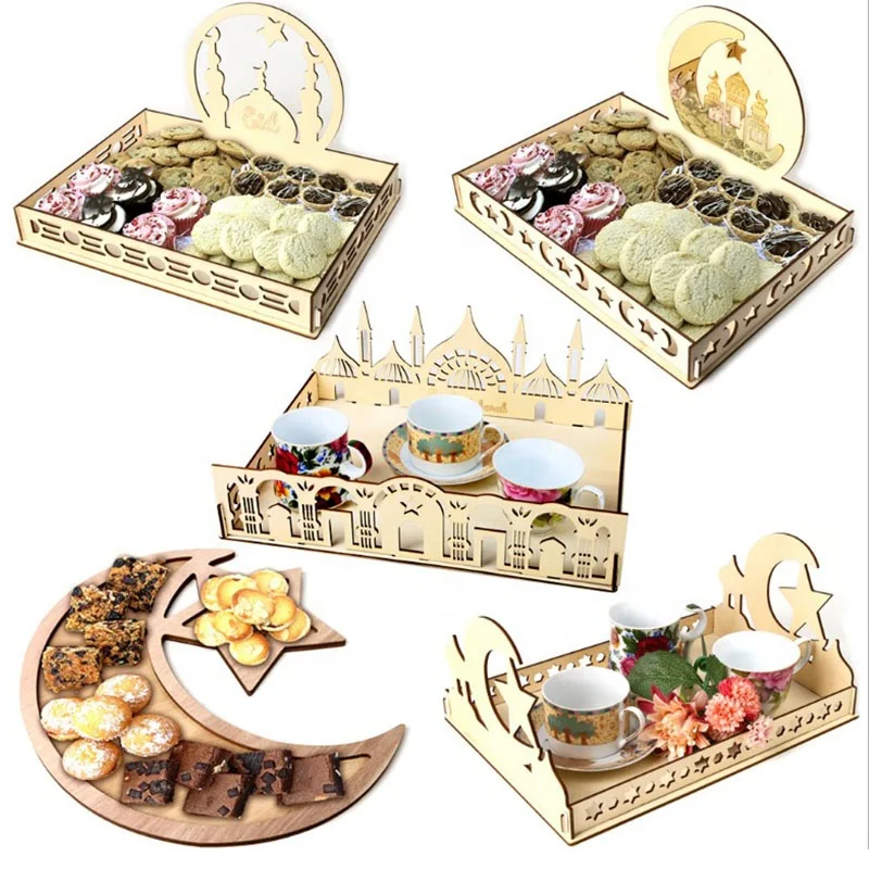 Eid Ramadan Mubarak Wooden Artistic Eid Mubarak Party Serving Tableware EID Muslim Ramadan Tray Display Wood Decoration