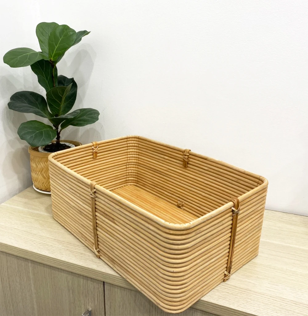 Hot trend natural light yellow rattan storage basket wicker storage box cane basket woven use for storageing books toys clothes