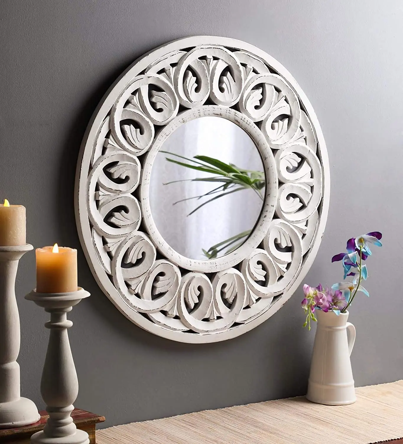 White color Handcrafted Carved design Handicrafts decorative Golden  wooden framed wall mirror for Interior decor wall decor