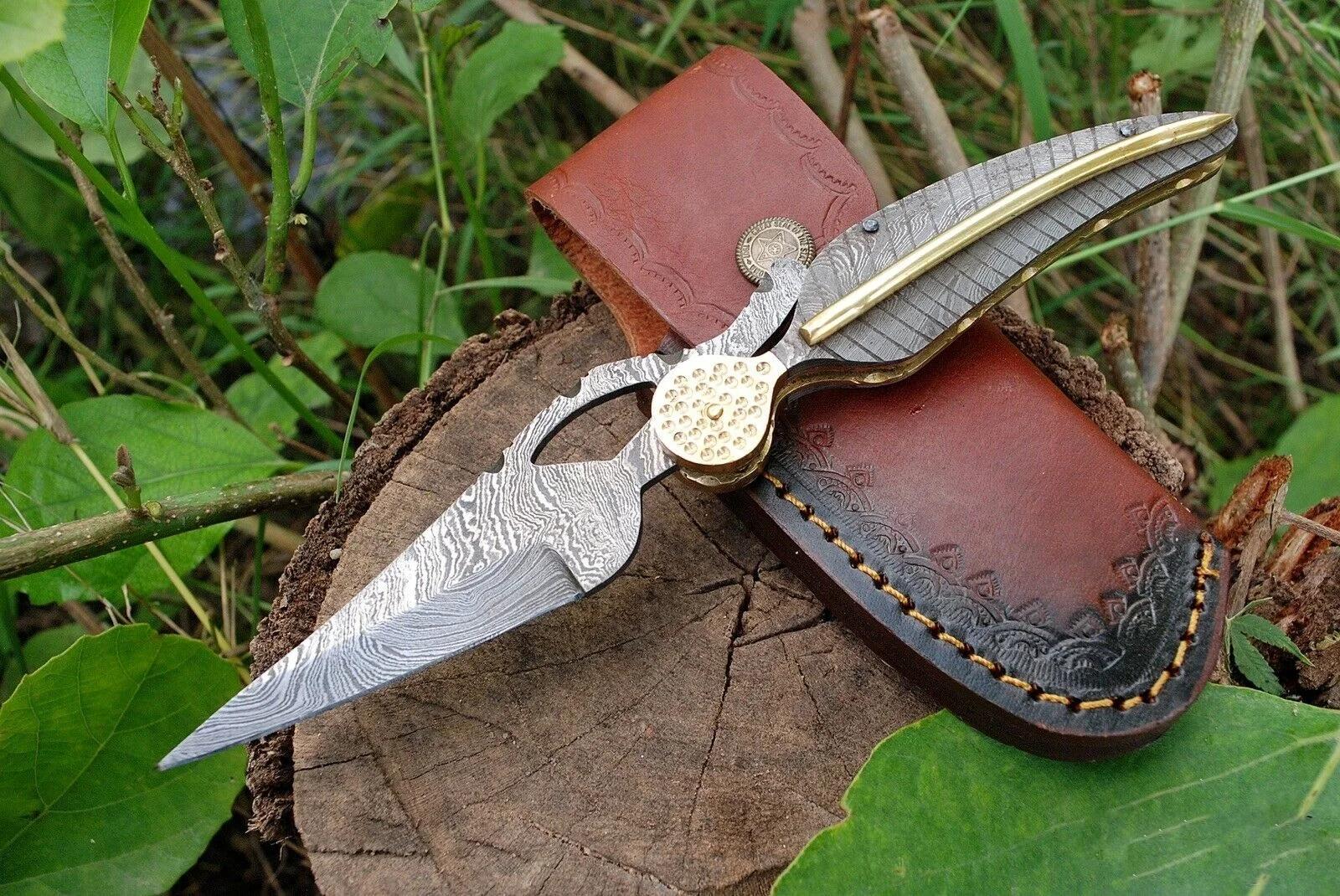 Wholesale Hot Selling Full Damascus Steel Folding Knife Outdoor Pocket Knife With Leather Sheath
