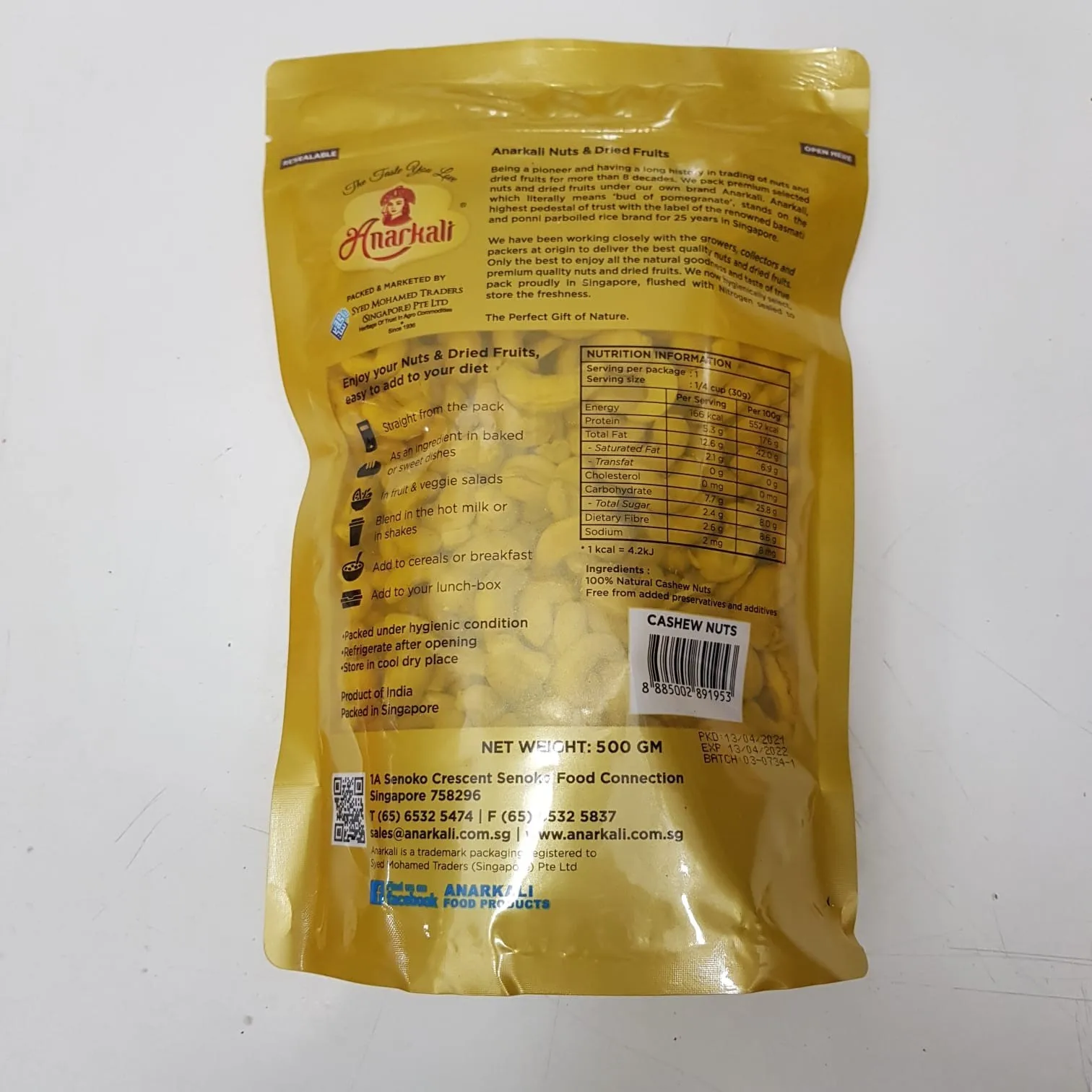 500g Salty Taste Dried Raw Anarkali Brand Cashew Nuts Cashew Kernel
