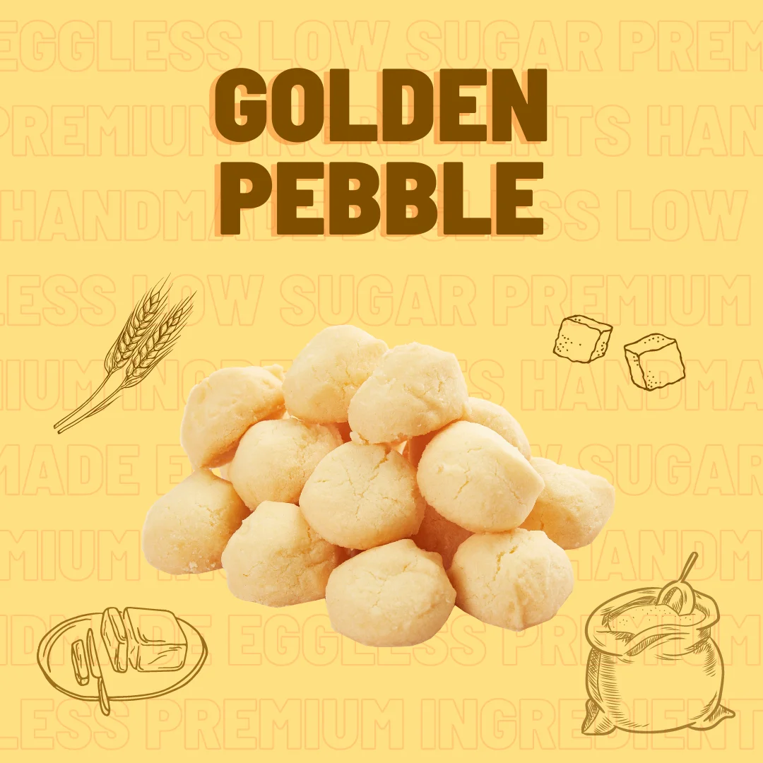 Hot Sale Delicious Baked Goods Buttery Fragrance Soft Eggless Low Sugar Golden Pebble Cookies Biscuits with Tin Bottle Packaging