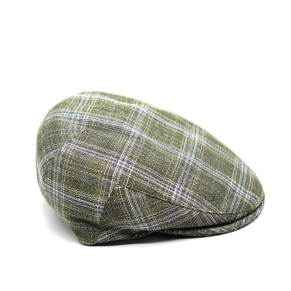 Wool and Silk Fabric County Hat Green Check with Blue and White Pattern Casual Ivy Hats for Male