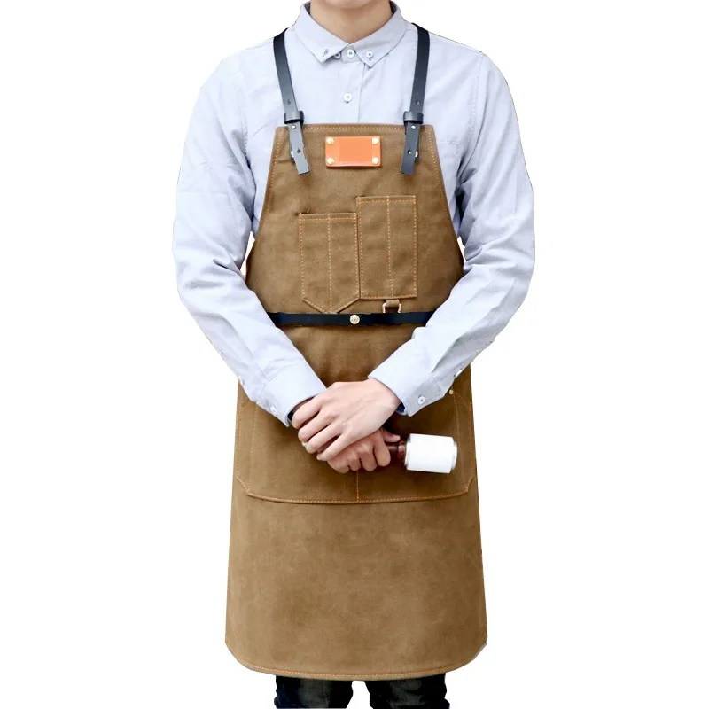Custom LOGO Cafe Workwear Sling Apron Fashion Denim Canvas Leather Apron