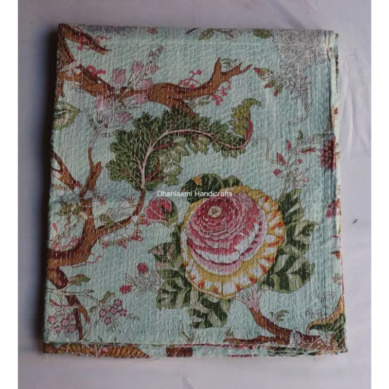Новое Хлопковое одеяло Kantha ручной работы в индийском стиле небесно-голубого цвета с цветочным принтом красивое домашнее украшение оптом покрывало