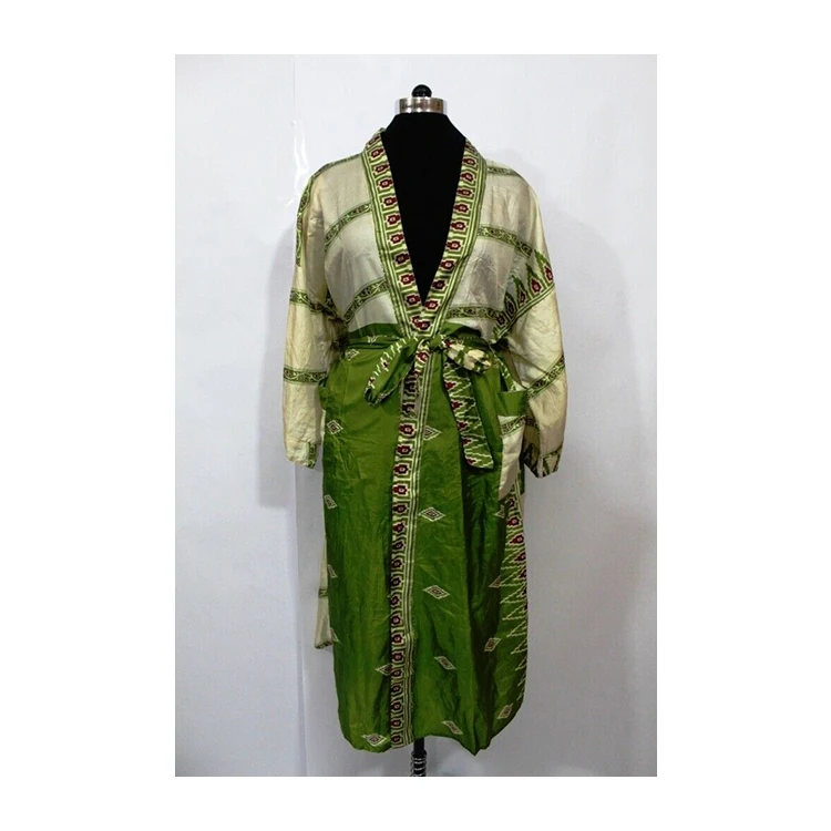 Top Quality Silk Sari Printed Kimono Robe with Double Pockets and Belt Design Long Cover Up Kimono Robe for Women and Girls