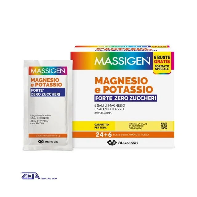 Brand name Massigen gluten and lactose free magnesium potassium and creatina food supplements powder 24 single dose 10 g sachet