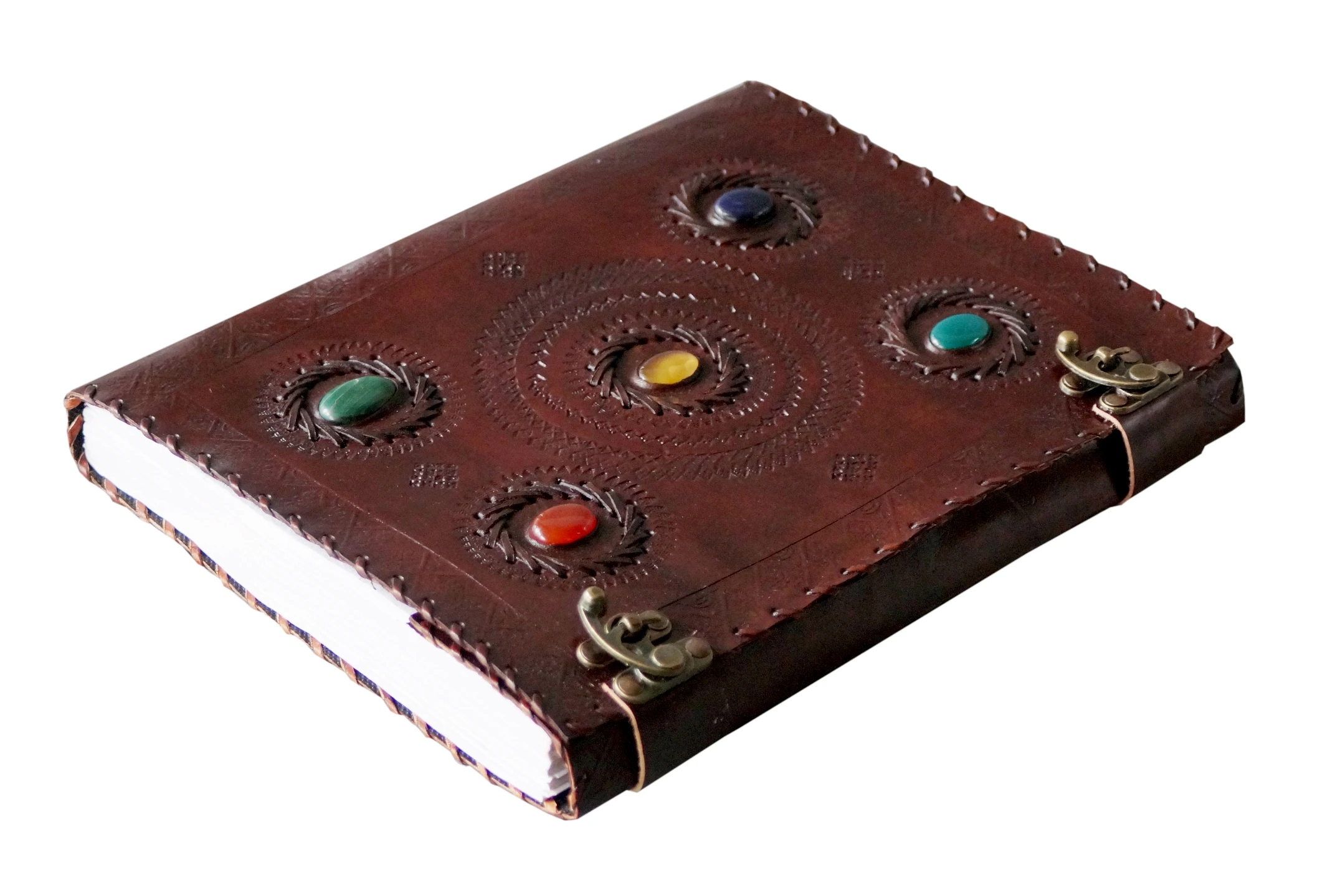 Chakra Notebook Office Supplies and Stationery School Supply Sketchbook Journal Embossed Five Stone Leather Gift Brown Hardcover