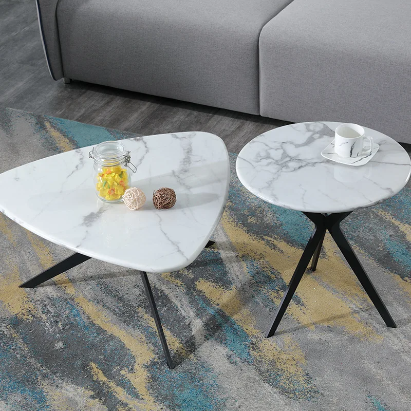 Contemporary Living Room Modern Light Gray Black Metal Fixed Top Table Marble Coffee Table
